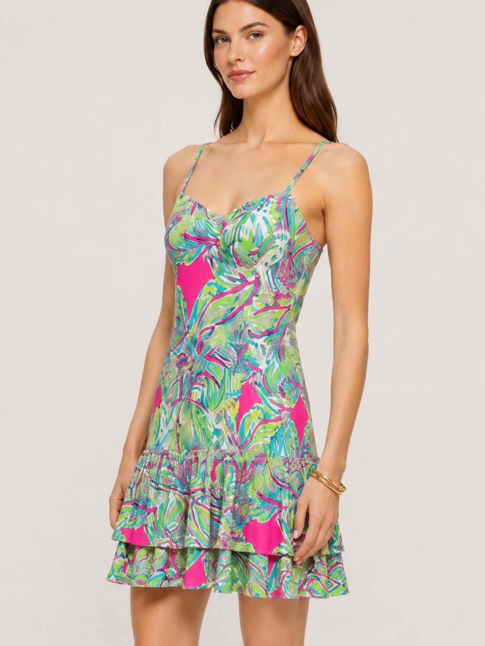 Lilly Pulitzer Pink & Green Tropical Ruffle Mini Dress, EUC